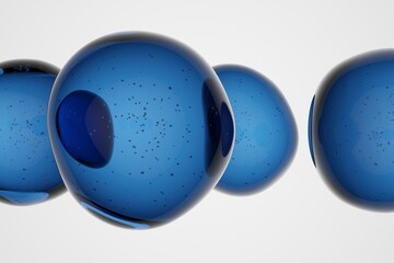 Close-up of transparent water droplets floating in air against blue background, isolated macro view, abstract liquid texture for freshness, purity, hydration or clean concept visuals