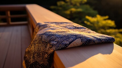 A detailed kimono sleeve with traditional dance patterns, set against a softly blurred golden sunset.
