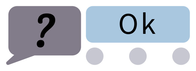 Speech bubble with question mark facing another bubble with Ok text, symbolizing interaction, dialogue, clarity, agreement, and responses. Ideal for teamwork, support, feedback decision-making