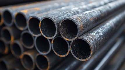 Image: A close-up of black steel pipes stacked for industrial applications, with visible welding points where joints are connected.