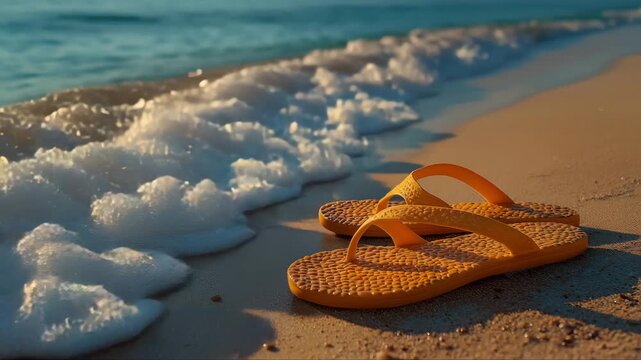 A pair of orange flip-flops rests on the sandy shore as gentle waves approach at sunset. Warm light creates a peaceful summer atmosphere. Coastal and relaxed.