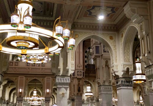 lightbulb and interior from The great grand sacred mosque of Makkah, the Sacred mosque is the most significant mosque in Islam, encloses the vicinity of the Kaaba in Mecca