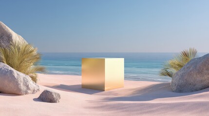 A golden cube sits on a tranquil sandy beach between rocks and plants, with a calm sea and clear sky in the background.