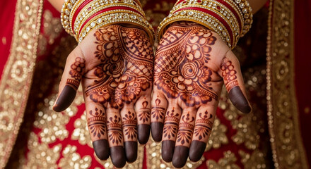 Fototapeta premium Closeup of brides hands with henna and bangles at her wedding