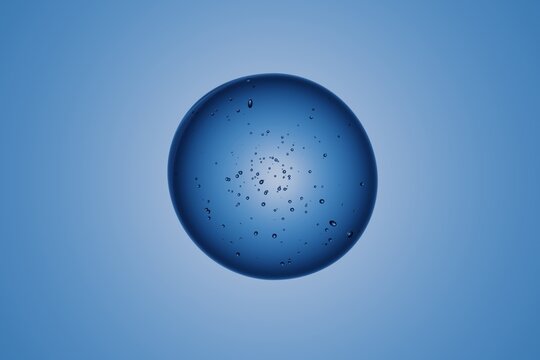 Shiny blue glass sphere with internal floating air bubbles, isolated on solid background, abstract molecular or water drop concept for scientific, cosmetic or futuristic technology visuals