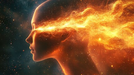 Illustration of Human Head with Glowing Energy Streams Representing Thought and Mindpower