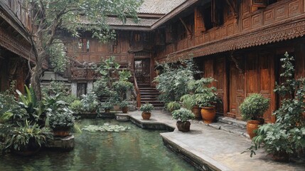 Obraz premium A quiet scene of a traditional Thai courtyard, with intricate wooden buildings surrounding a calm garden
