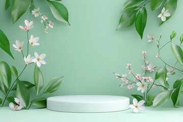 Minimalist white podium surrounded by lush greenery and delicate white flowers