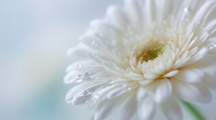 Close-up of a white chrysanthemum flower with droplets on petals against soft blurred background.
