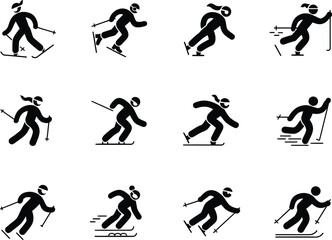 Obraz premium Black Skiing Pictograms Set, Various Action Poses with Transparent Background