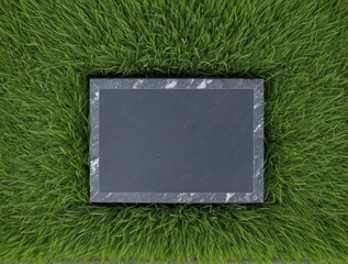 Aerial top-down shot: flat rectangular dark gray slate gravestone set in lush green grass, grass blades overlapping edges. Blank empty surface, grave marker surrounded by grass.