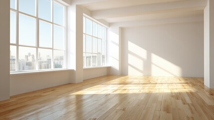 Fototapeta premium Bright Spacious Empty Room with Large Windows and Sunlight in Modern Apartment.