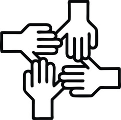 Obraz premium Teamwork outline with four hands connected in support and collaboration