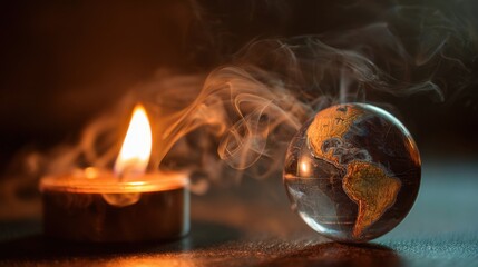 Small candle flame illuminating smoke with tiny Earth globe on a dark surface.