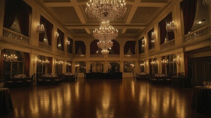 A grand ballroom illuminated by chandeliers at night.