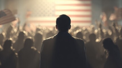 AI Generated Image Back view on male presidential candidate on at the meeting with people USA election concept