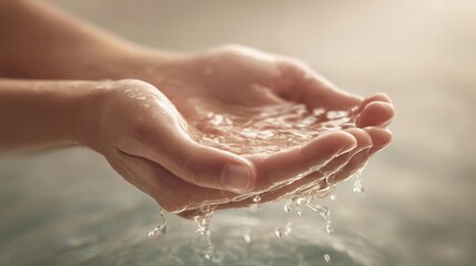Close-up of Person Washing Hands with Water in Soft Natural Light for Hygiene.