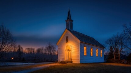 Fototapeta premium Small Wooden Church with Steeple Illuminated at Night in a Rural Setting.