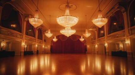 Grand ballroom with ornate chandeliers.