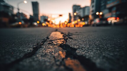 Wide-angle photo of urban city street with cracks at dusk with blurred buildings and lights.