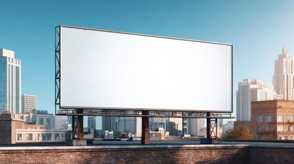 Obraz premium Large Blank Urban Billboard on Rooftop with Cityscape Background in Daylight.