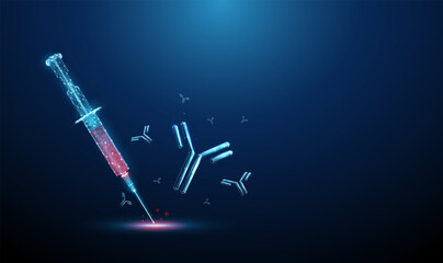 Syringe injecting vaccine, antibody-based drug with flying antibodies around. Immunotherapy, vaccination, immune response activation, monoclonal antibody treatment concept.