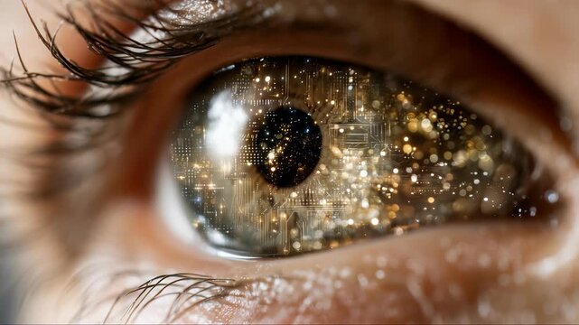 Close-up of a human eye reflecting a cosmic landscape with digital patterns and sparkling elements during a creative art session