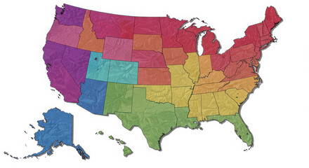 A colorful map of the united states with state borders and varied color regions