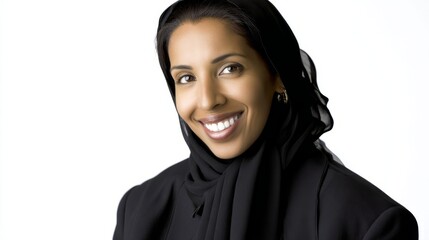 A poised Middle Eastern businesswoman in an elegant hijab smiles against a clean white backdrop.
