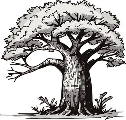 Vector illustration of an old tree with roots and branches silhouette on white background