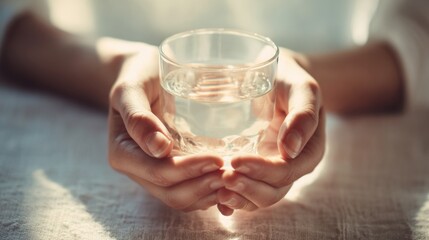 Close-up of person holding a clear glass of water with both hands in natural light.