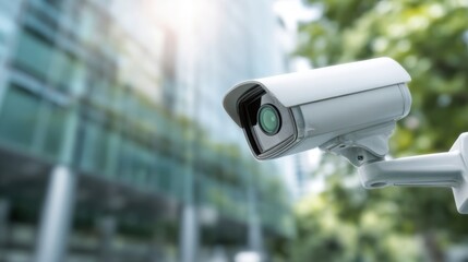Modern outdoor surveillance camera mounted on building exterior for security monitoring.