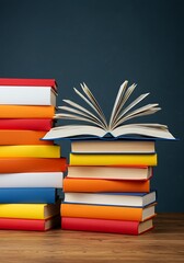 Fototapeta premium An open book atop brightly colored stacks, set on a wooden surface against a dark background, representing education.