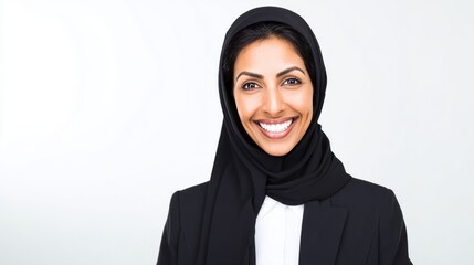 A poised Middle Eastern businesswoman in an elegant hijab smiles against a clean white backdrop.
