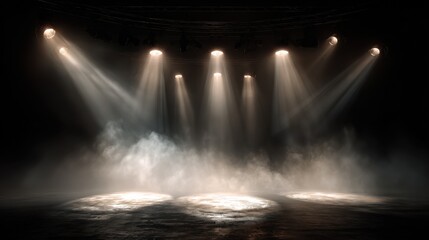 A smokey stage, dark, smokey, misty, mist, smoke, spotlight, smoke, spotlights, light, lightning, lights, effect, fog, dramatic, black, space, generative ai, bright, room, performith spotlights