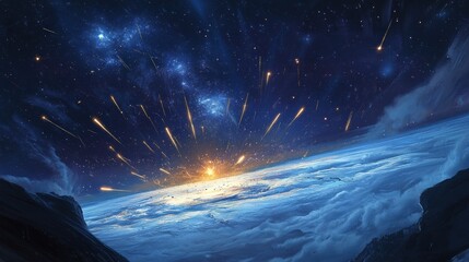 Celestial debris raining down on a planet.