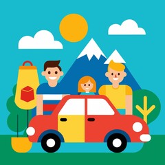 Fototapeta premium Happy Family with Car on Summer Road Trip
