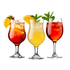 Three colorful cocktails in different glasses on a white or transparent background, showcasing various garnishes and drink styles. 
