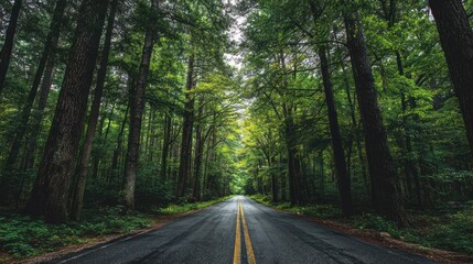 Fototapeta premium Asphalt road cuts through lush forest, tall trees towering above, natural light