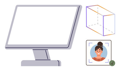 Computer monitor, transparent 3D cube, face recognition technology with verified approval. Ideal for technology, biometrics, security, identity verification, artificial intelligence, innovation