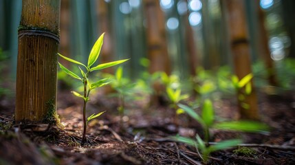 Young Green Bamboo Plants Growing in Forest Soil with Tall Tree Trunks Background.