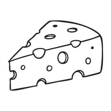 Simple cheese drawing with holes in black and white sketch style. Outline vector illustration