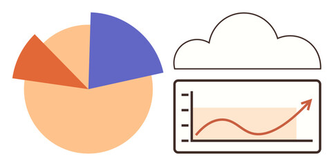 Pie chart with three colorful segments alongside a cloud framing a line graph showing upward growth trend. Ideal for data analysis, cloud computing, business growth, statistics, performance tracking