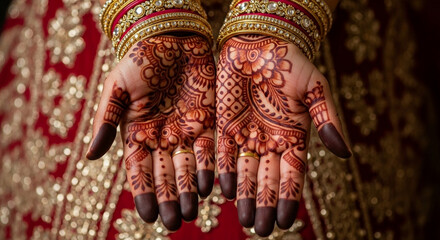Fototapeta premium Closeup of a brides hands adorned with henna and traditional jewelry