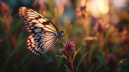 Obraz premium Close-up of a butterfly on a plant at sunset, Indonesia