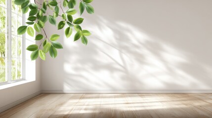 Bright, Empty Room with Sunlight Casting Shadows and Green Plant Leaves.
