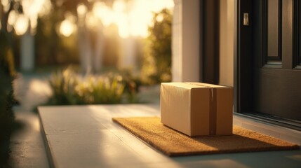 Long shot of a cardboard delivery box on a porch at sunset with warm natural light.