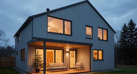 Modern gray house with warm interior lighting and a wooden deck at dusk