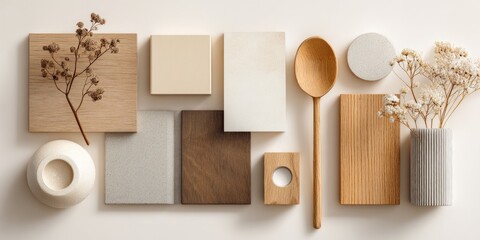 Flatlay of wood, neutral tones, and natural elements