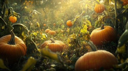 Pumpkins nestled in a vibrant autumnal patch.